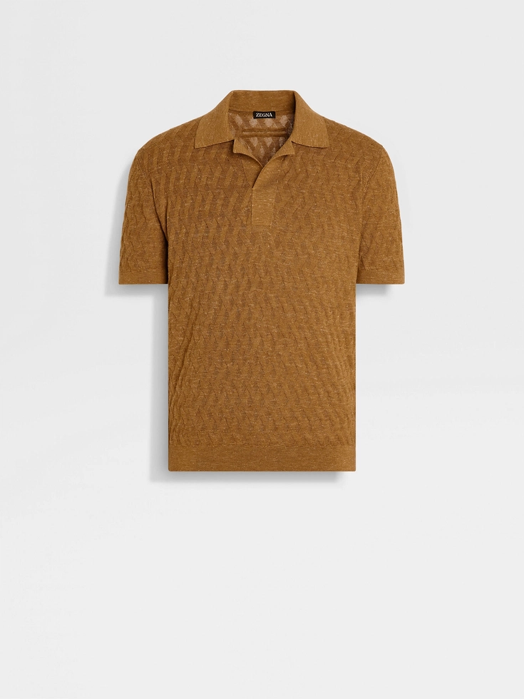 Ockerfarbenes Mélange-Poloshirt aus Seide, Kaschmir und Leinen Ockerfarbenes Mélange-Poloshirt aus Seide, Kaschmir und Leinen