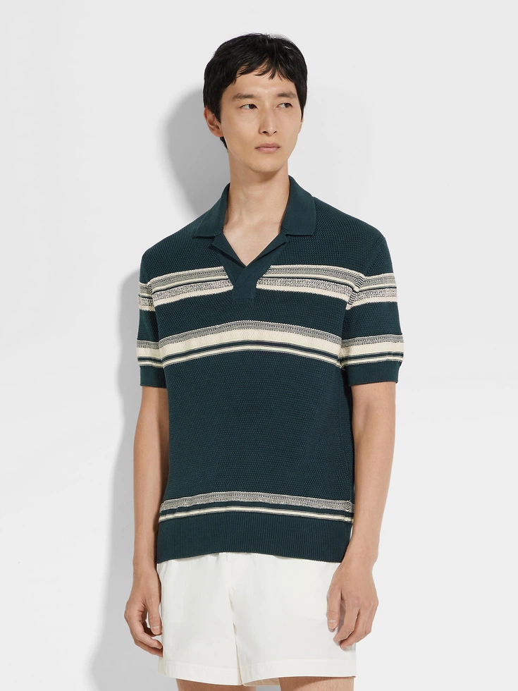 Poloshirt aus Baumwolle und Seide in Dunkelblaugrün, Hellgelb und Weiß Poloshirt aus Baumwolle und Seide in Dunkelblaugrün, Hellgelb und Weiß