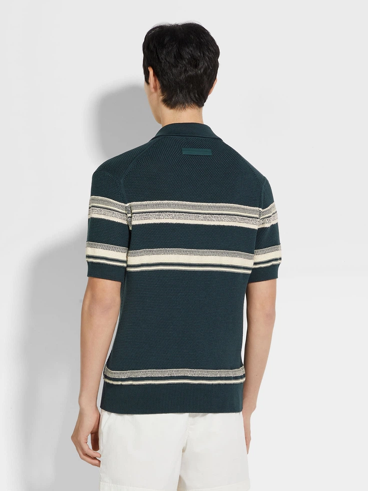 Poloshirt aus Baumwolle und Seide in Dunkelblaugrün, Hellgelb und Weiß Poloshirt aus Baumwolle und Seide in Dunkelblaugrün, Hellgelb und Weiß