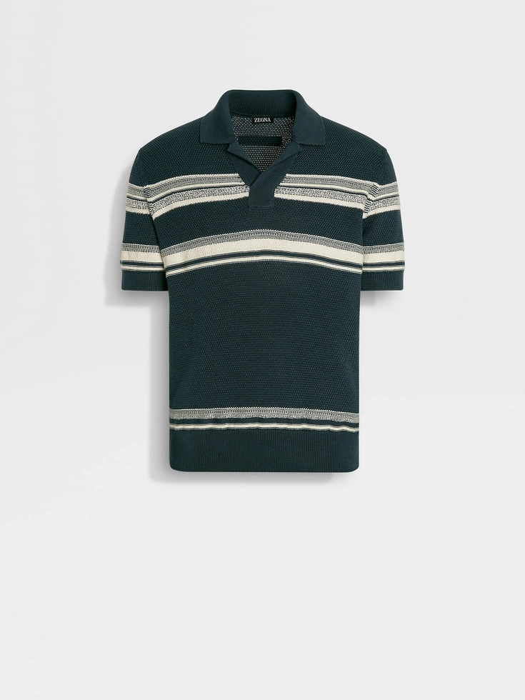Poloshirt aus Baumwolle und Seide in Dunkelblaugrün, Hellgelb und Weiß Poloshirt aus Baumwolle und Seide in Dunkelblaugrün, Hellgelb und Weiß