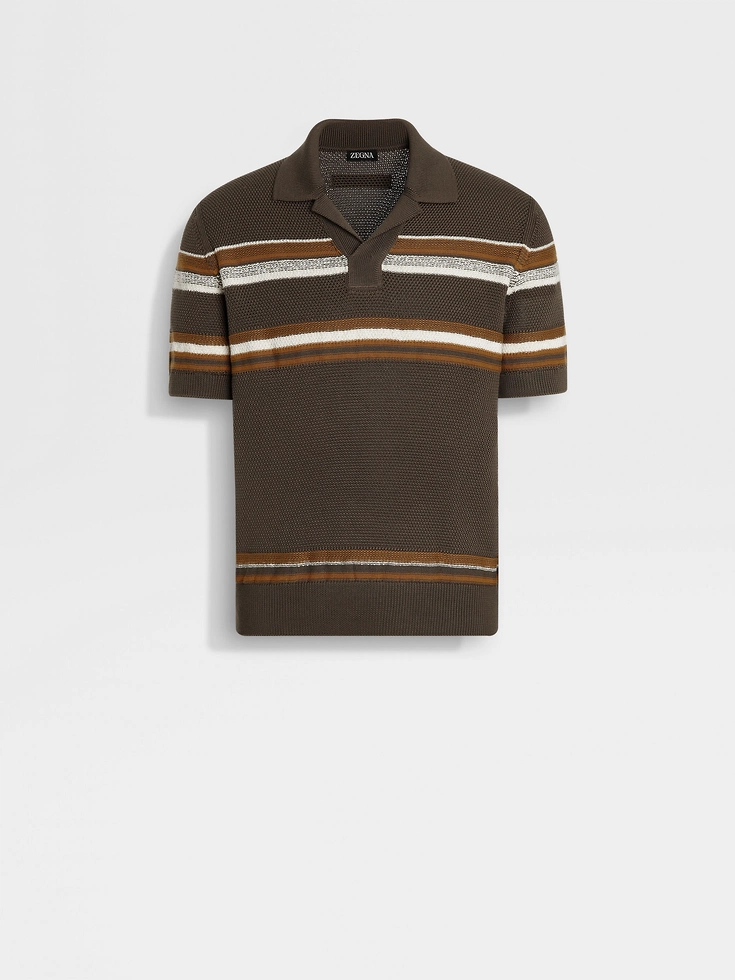 Poloshirt aus Baumwolle und Seide in Dunkeltaupe, Ocker und Weiß